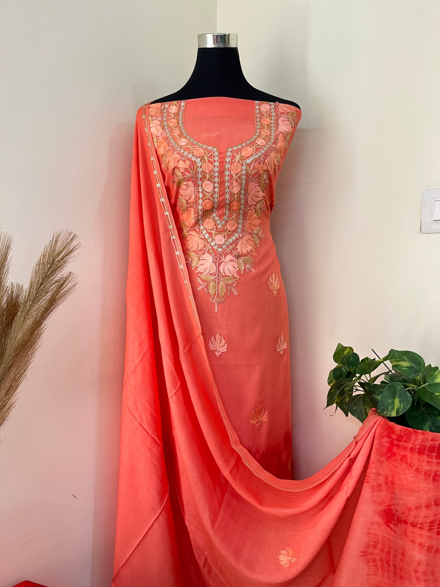Orange Mul Cotton Shibori Work Kashmiri 3pc Suit