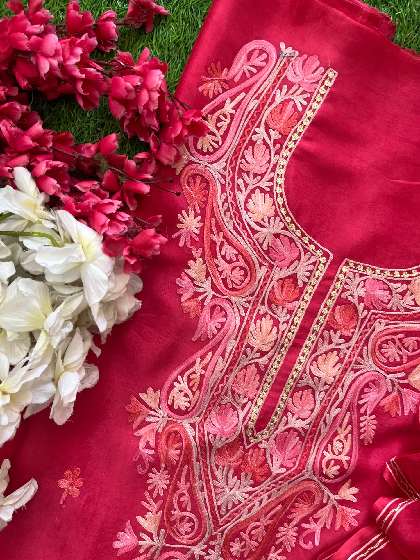 Carrot Pink Opada Silk Aari Embroidered Suit material