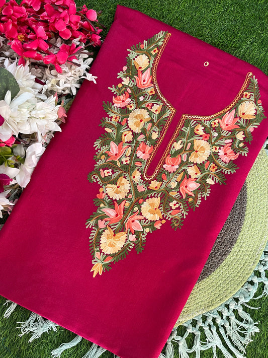 Hot Pink Woollen Aari Embroidered 2pc suit 5mtr