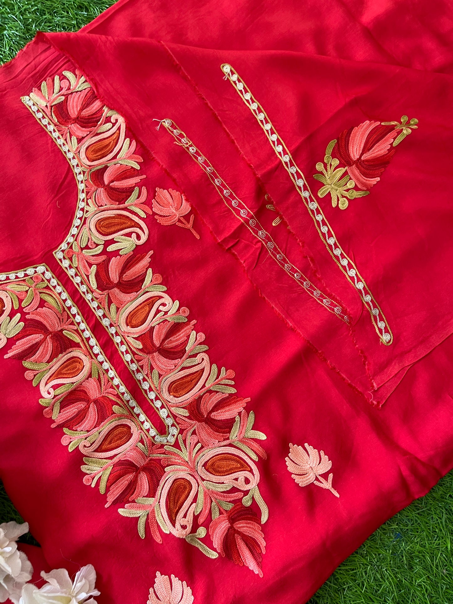 Red Opada Silk Aari Embroidered Suit material