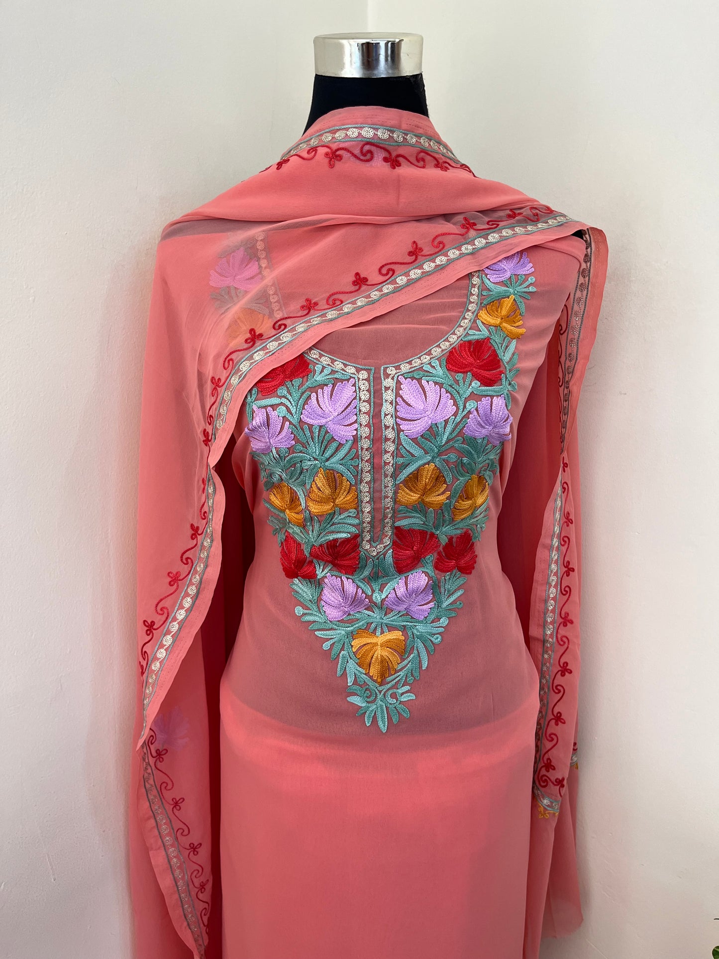 Pink Georgette 3 Pc Aari Embroidered Suit Set