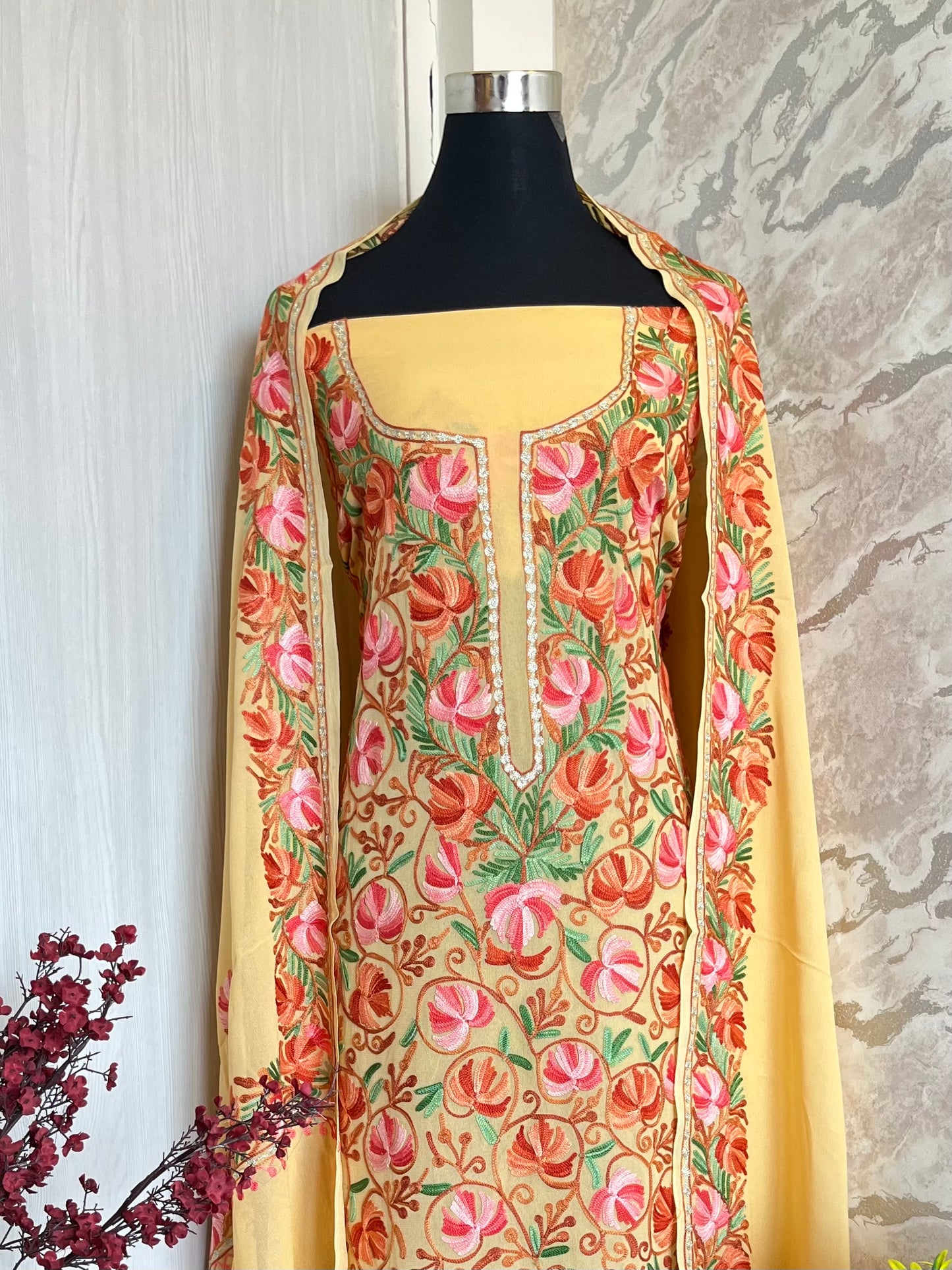 Yellow Pure Georgette Aari Embroidered Suit