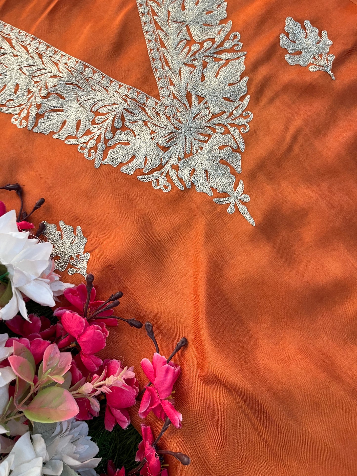 Soft Orange Sanam’ Silk Tilla Kashmiri Suit