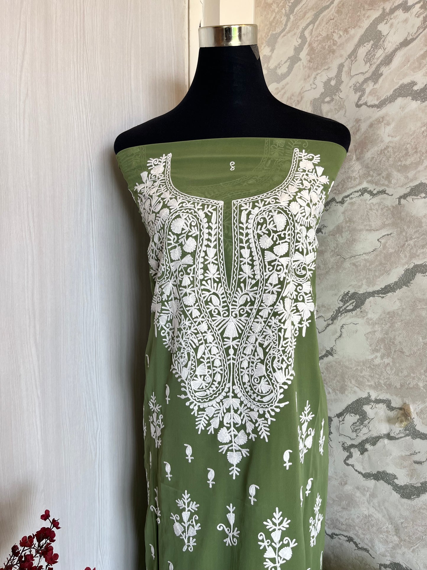 Georgette Pastel Green All over Work Aari Embroidered Unstitched Kurta Material