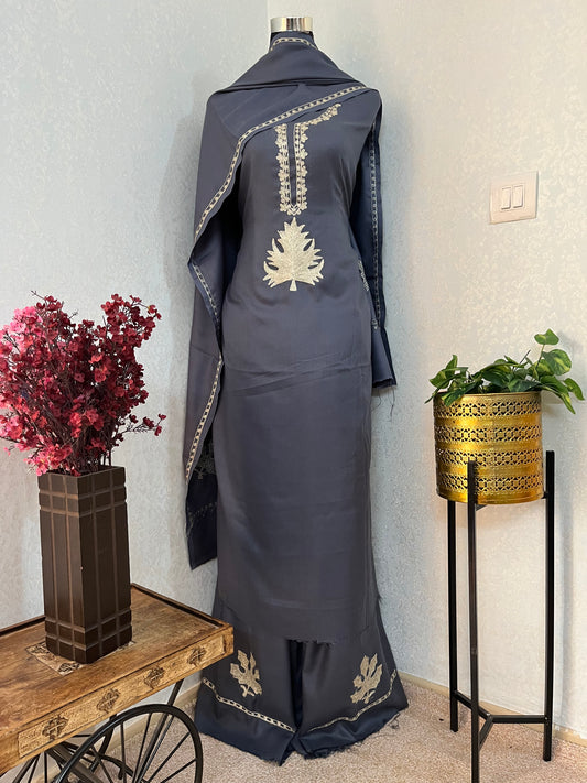 English Grey Tilla Kashmiri Woollen Suit