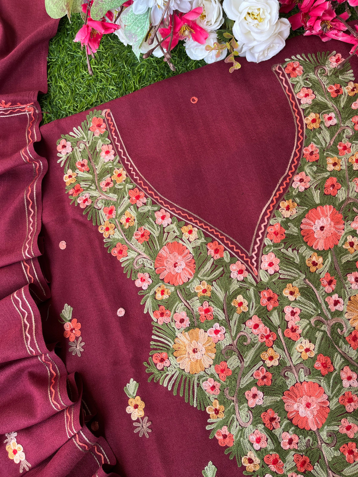 Maroon Woollen Aari Embroidered 3pc suit