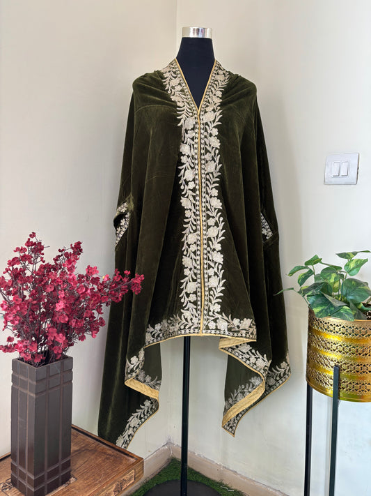 Olive Green Tilla Embroidered Velvet Cape