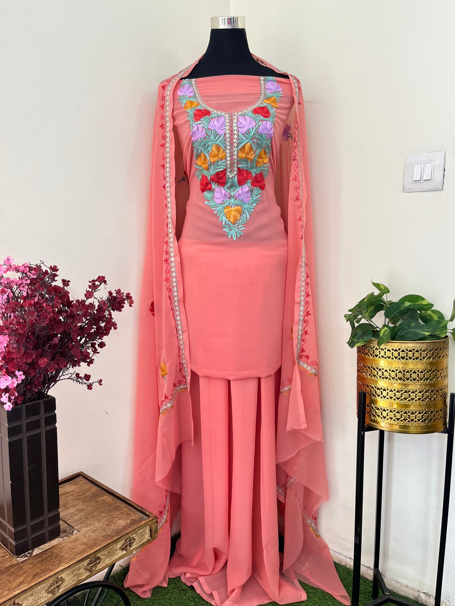 Pink Georgette 3 Pc Aari Embroidered Suit Set