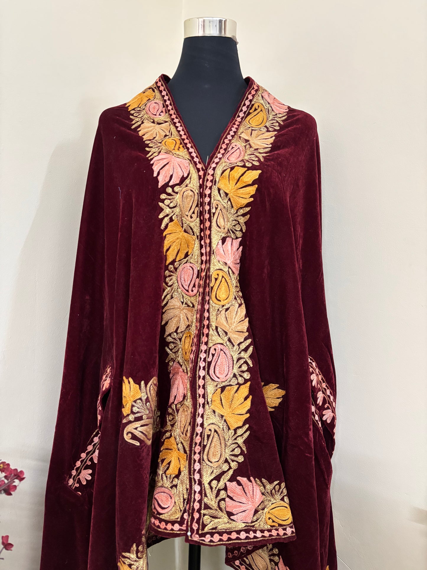 Maroon Aari Embroidered Velvet Cape