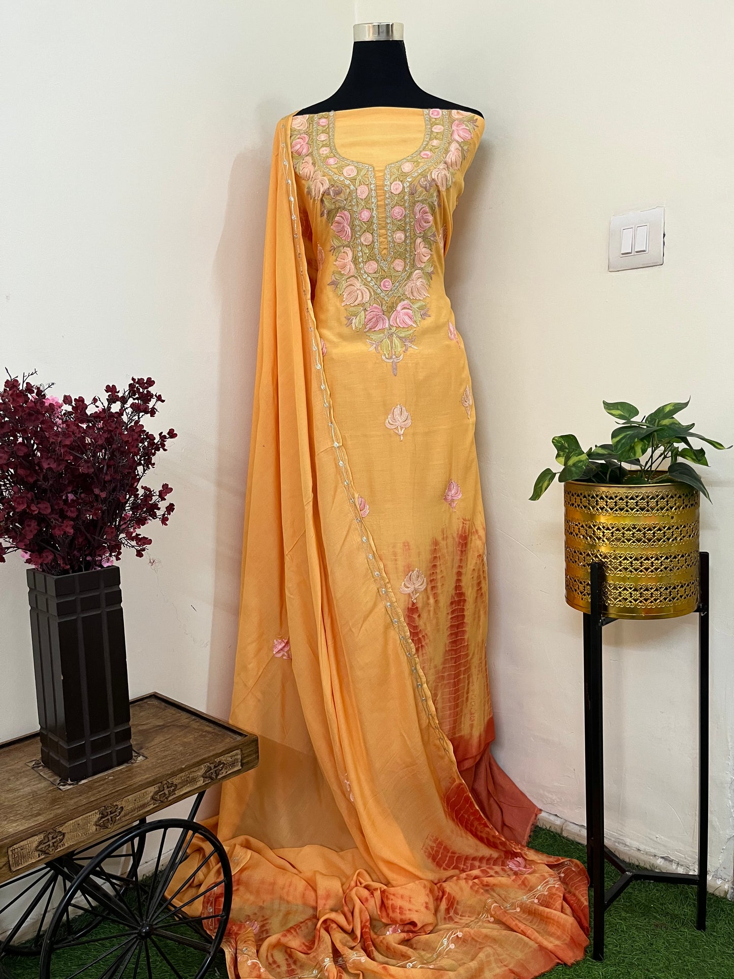 Soft Orange Mul Cotton Shibori Work Kashmiri 3pc Suit