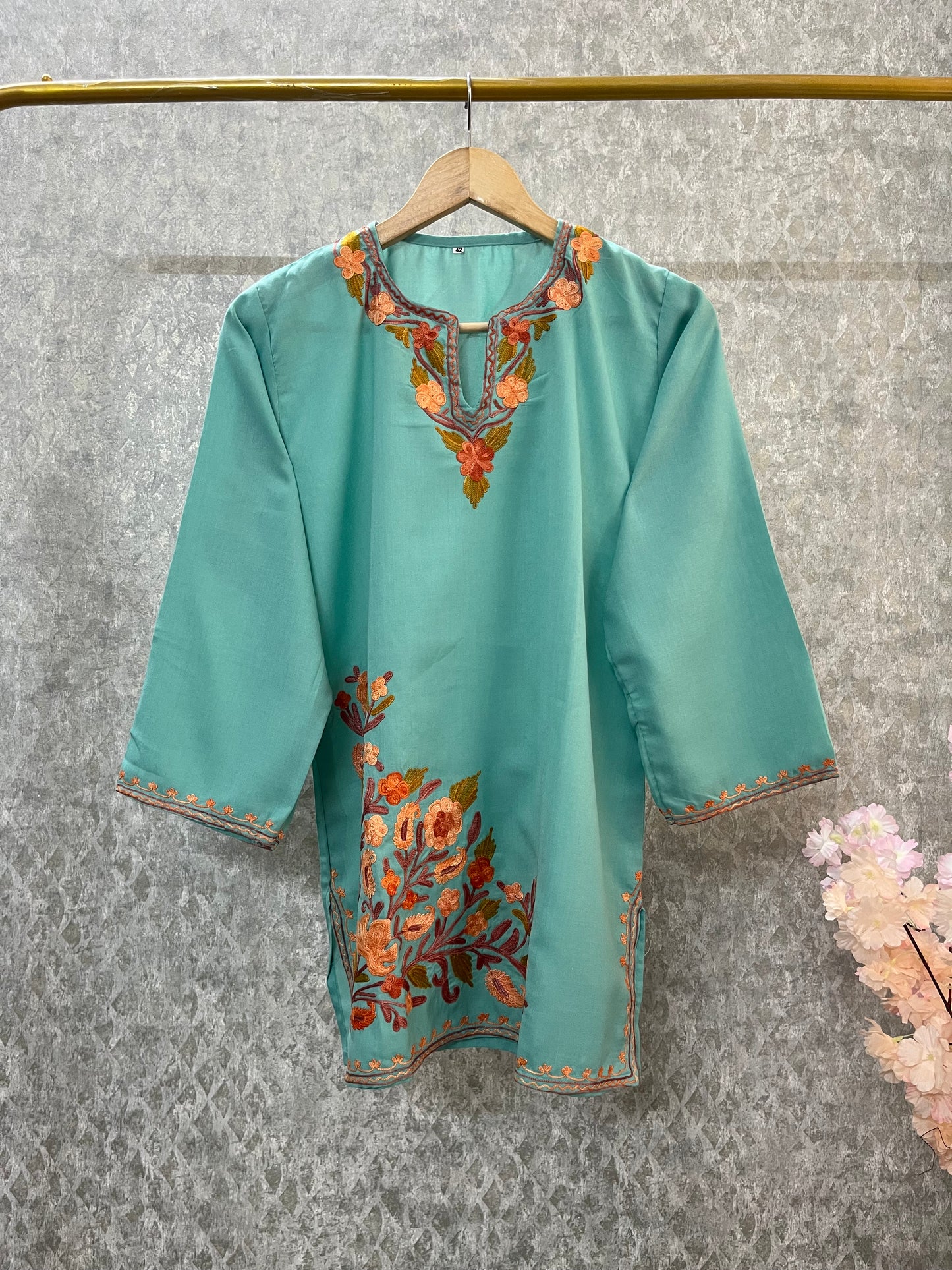 Sky Blue Cotton Aari Work Kurti