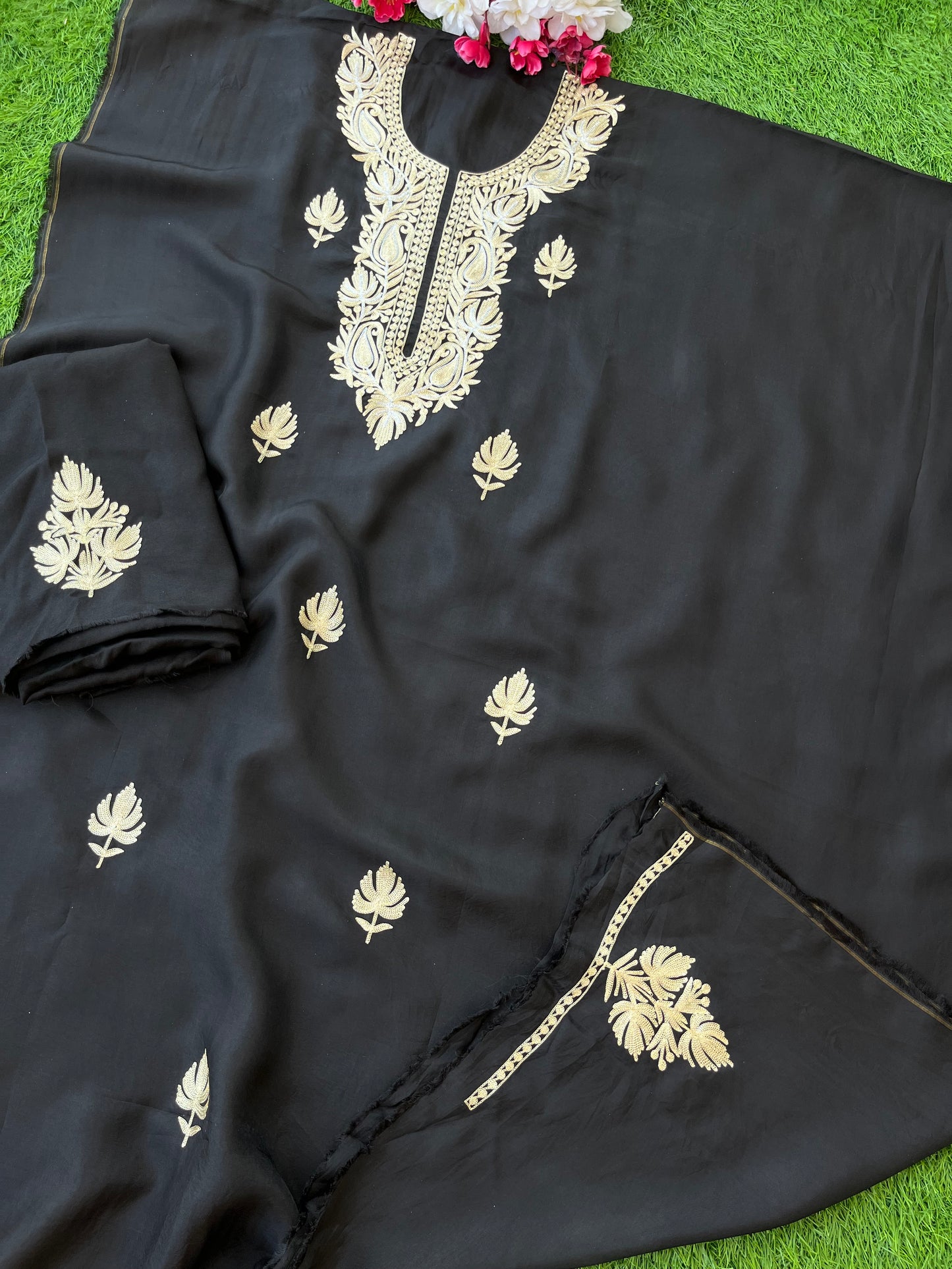 ‘Kalaa’ Black Opada Silk Tilla Embroidered Suit material (On Order )