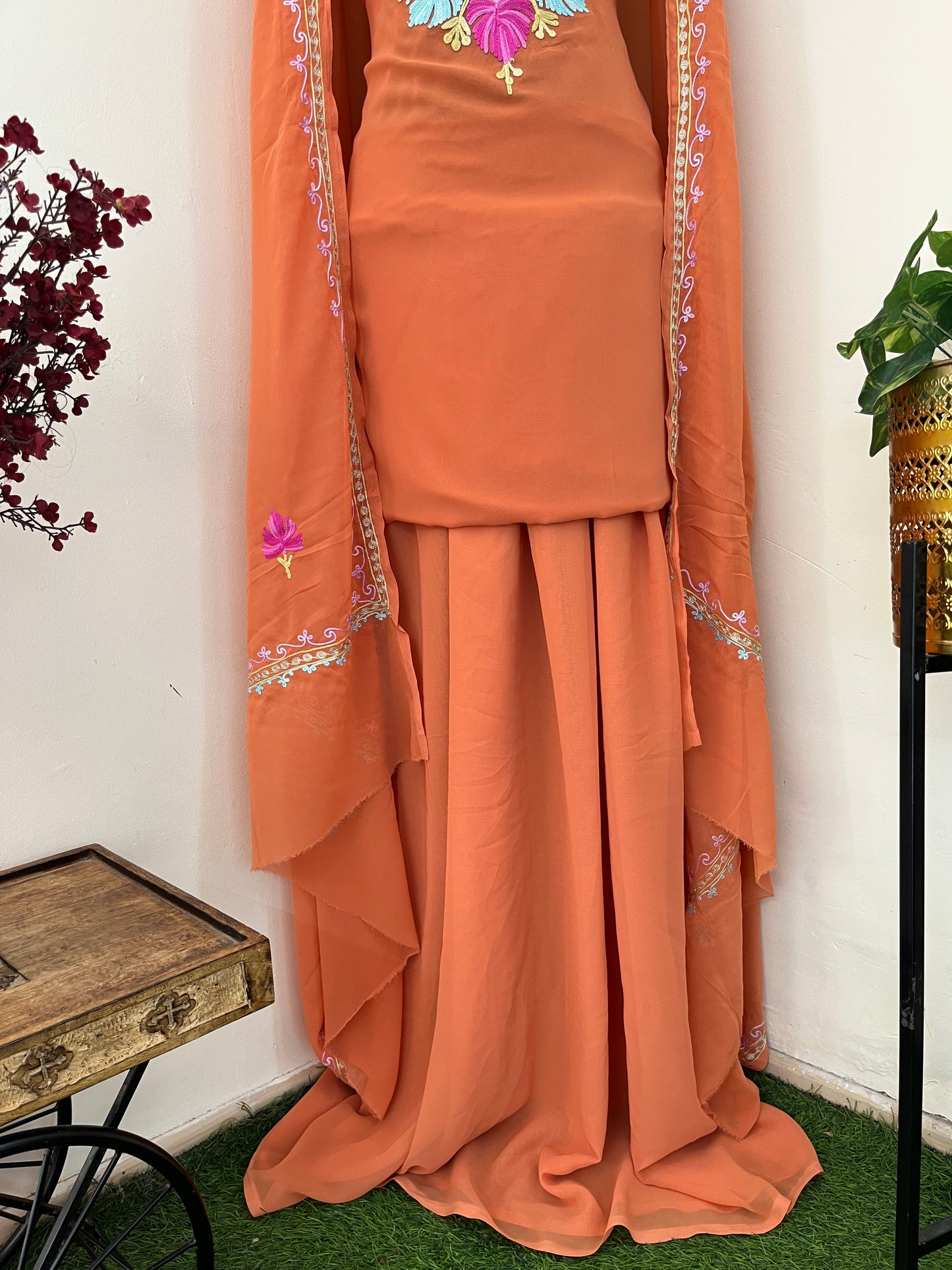 Soft Orange Georgette 3 Pc Aari Embroidered Suit Set