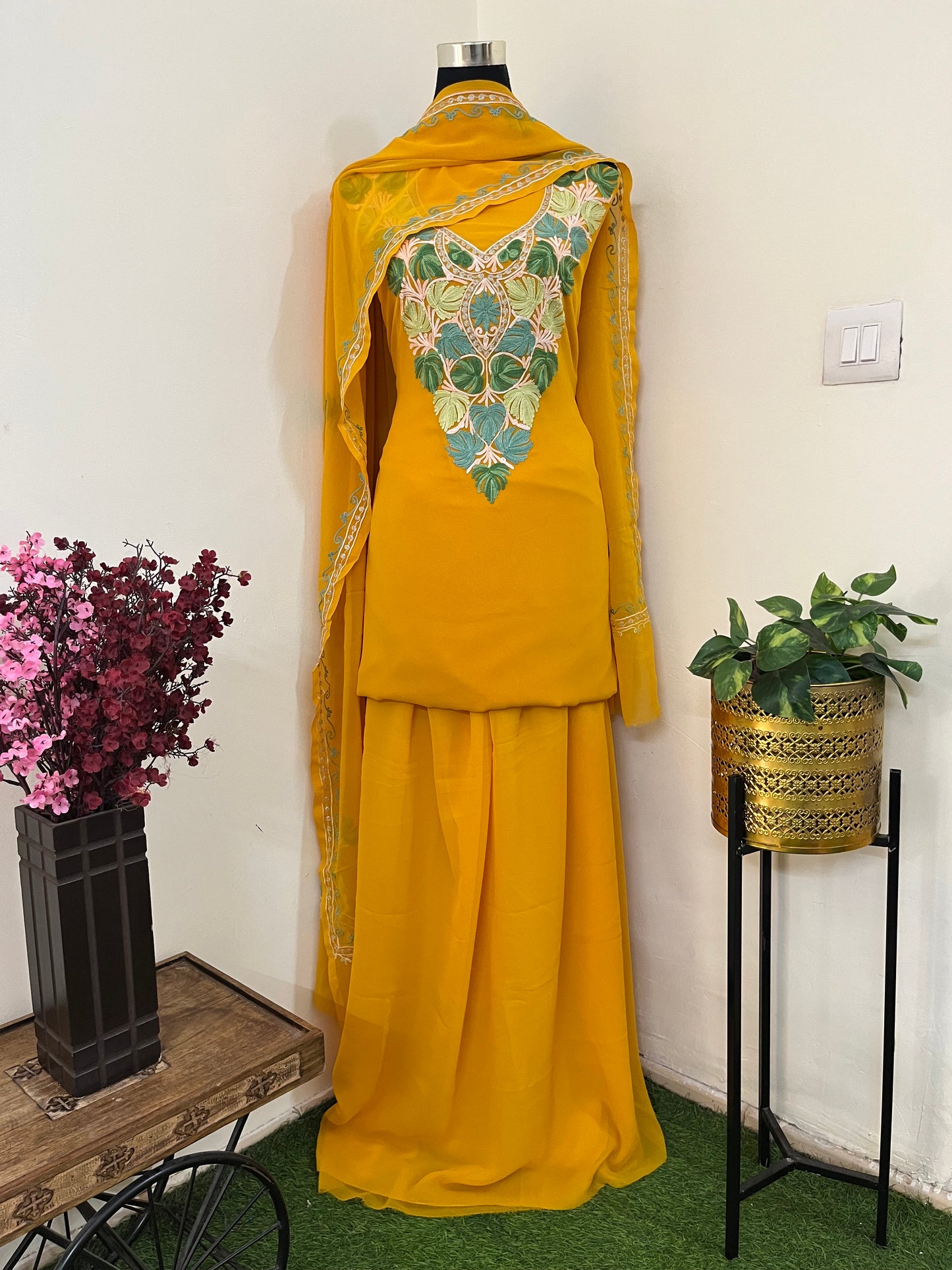 Mustard Georgette 3 Pc Aari Embroidered Suit Set