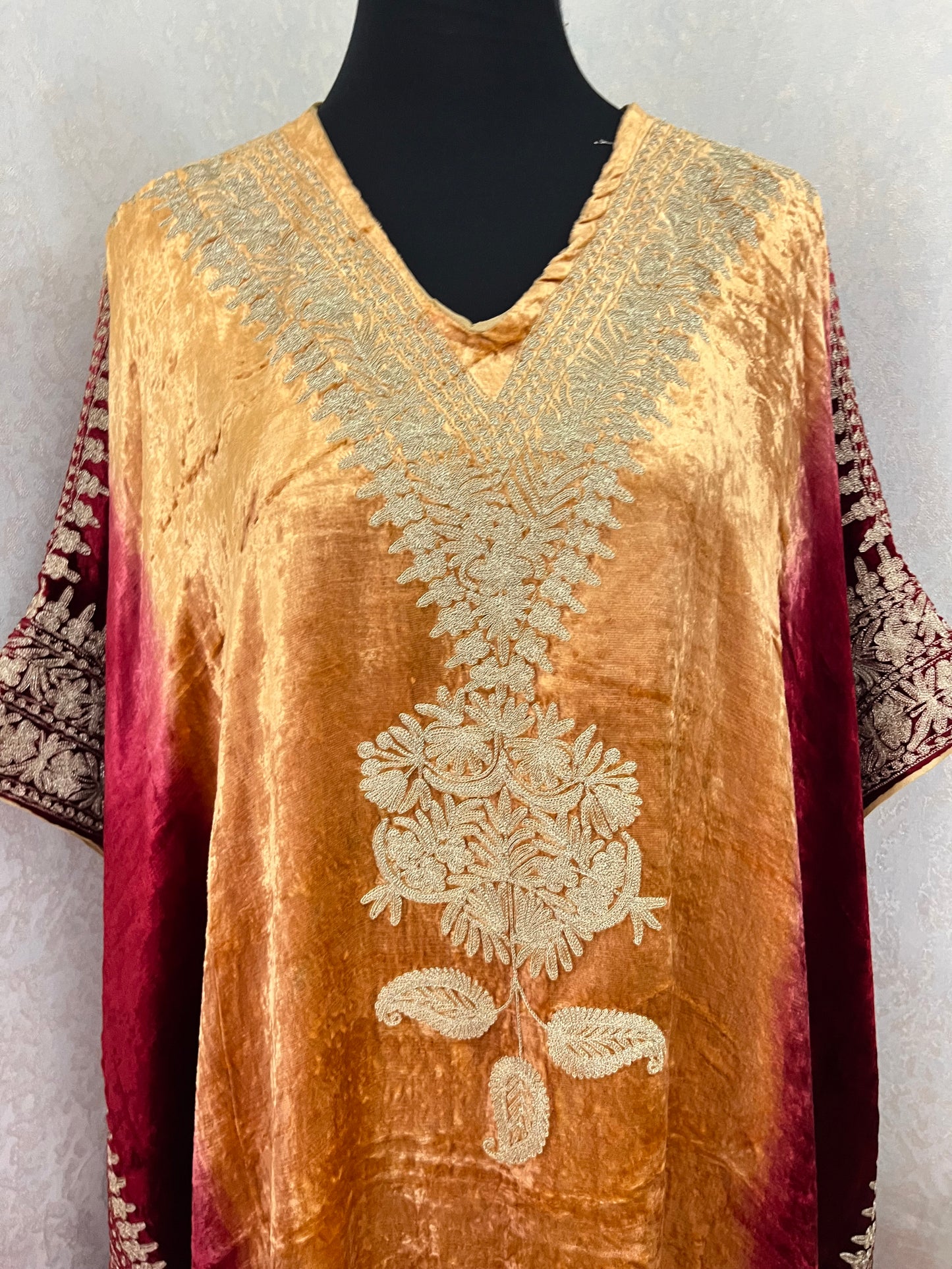 Gold Tilla Embroidered Pure Makhmal Kashmiri Kaftan Set