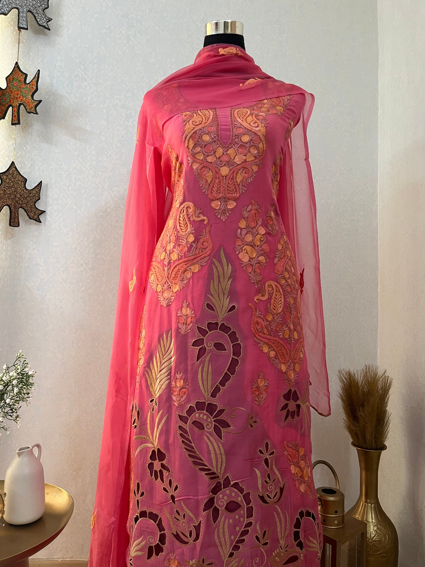 Pink Pure Organza Cut Work Kashmiri Suit