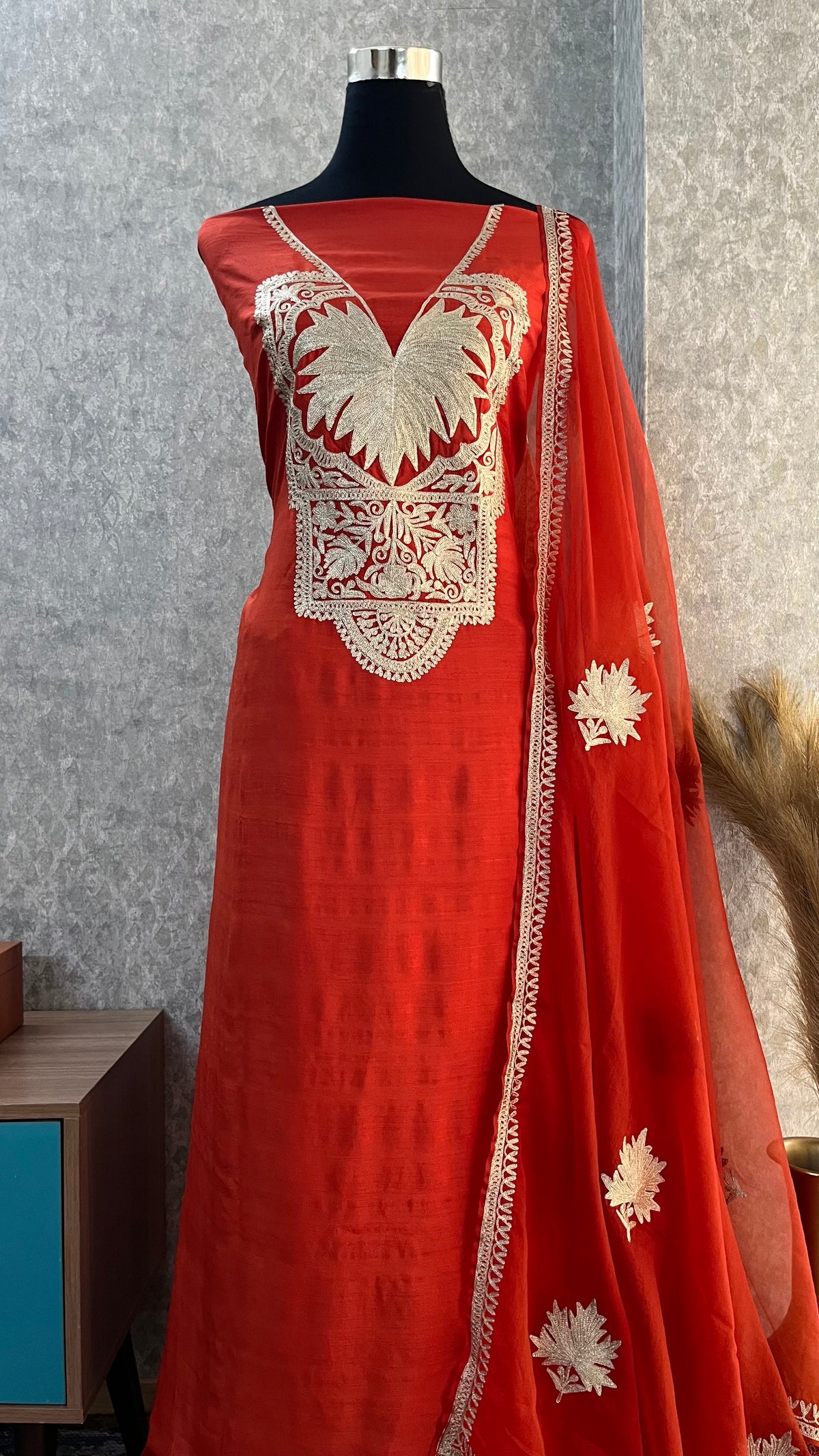 Orange Silk Tilla Embroidered Suit