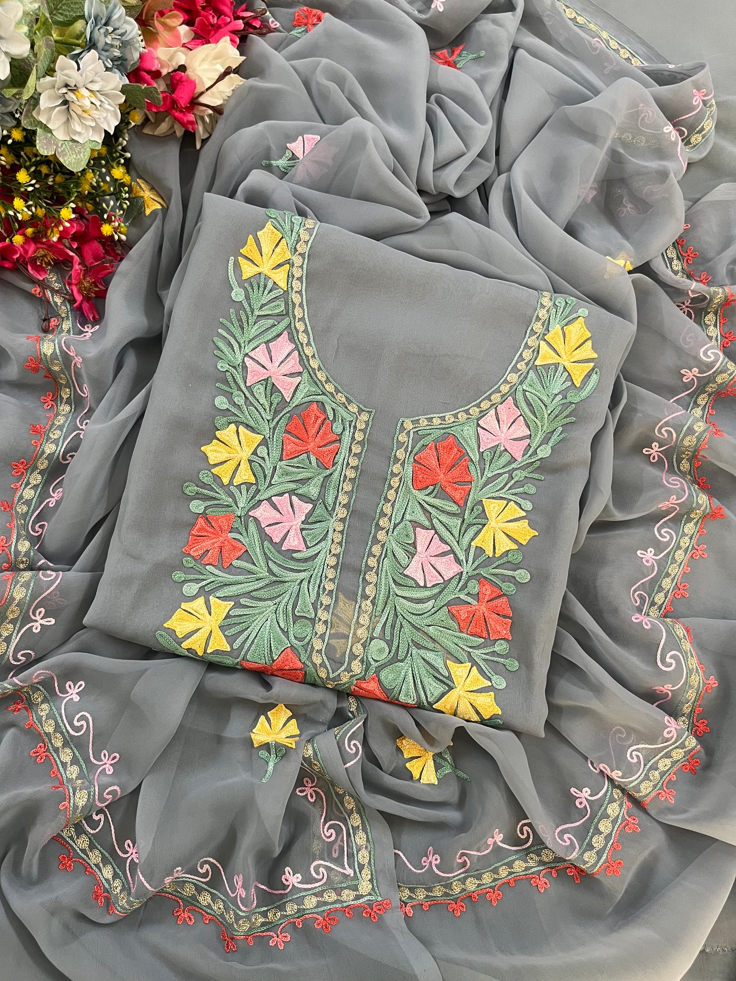 Steel Grey Georgette 3 Pc Aari Embroidered Suit Set
