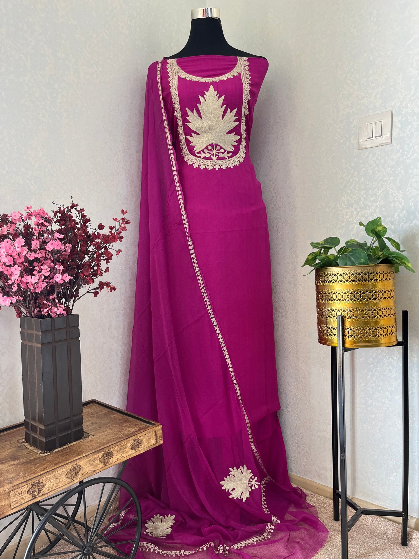 Hot pink  Sanam Tilla Embroidered Suit material