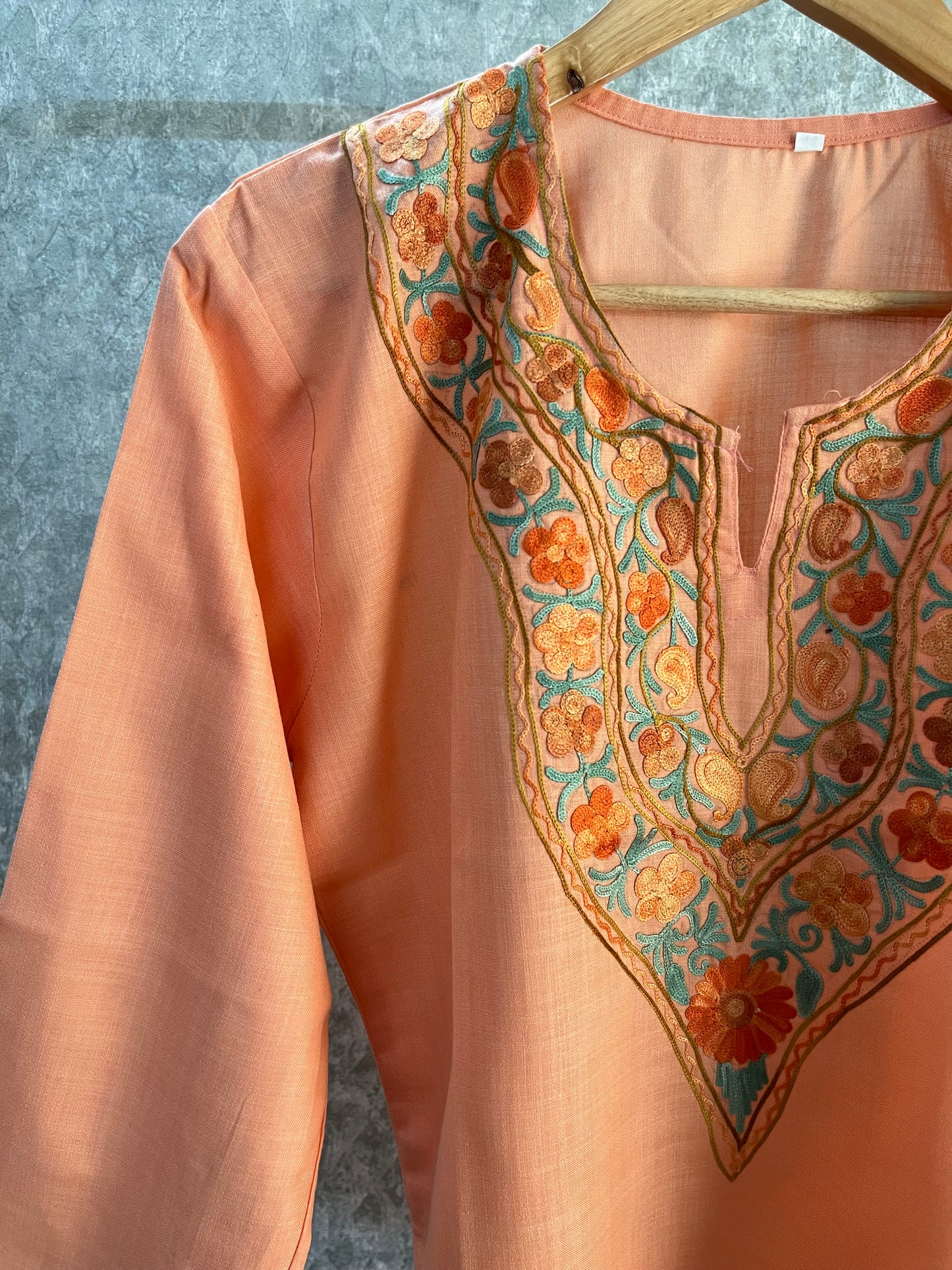 Peach Cotton Aari Work Kurta