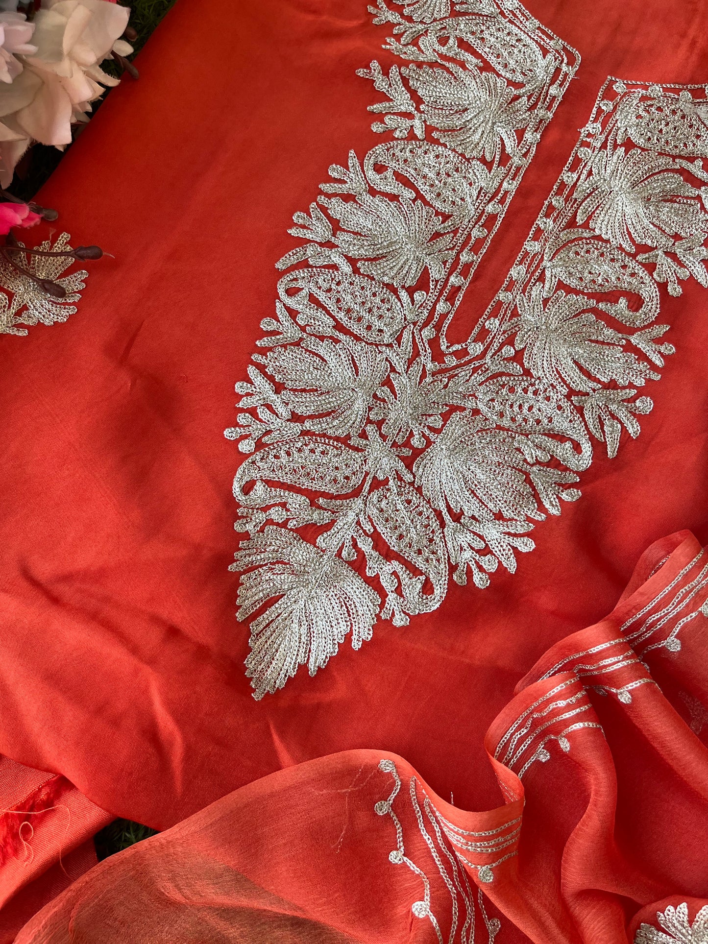 Soft Rust Silk Tilla Kashmiri Suit