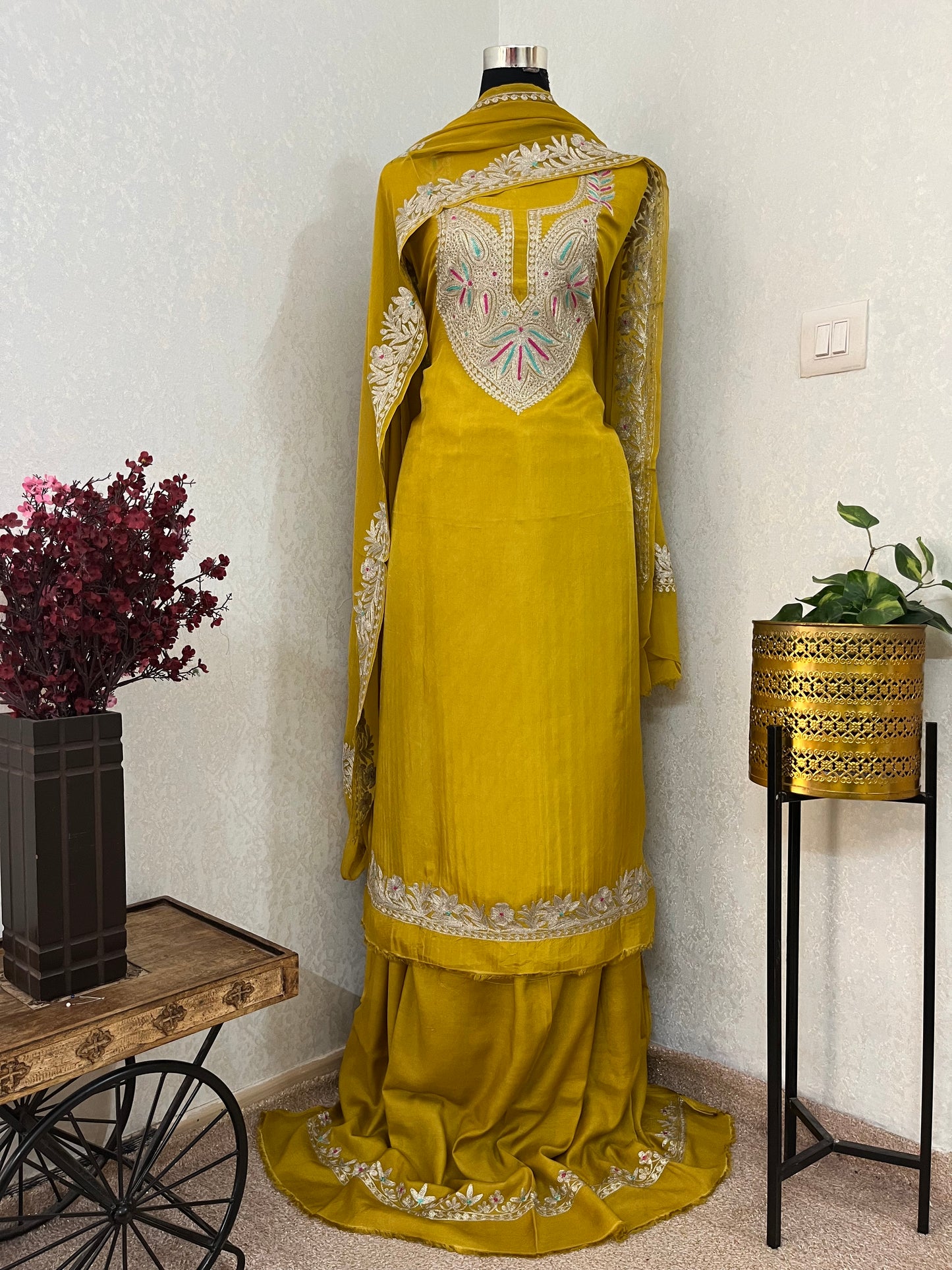Golden Yellow Opada Silk Kashmiri Suits