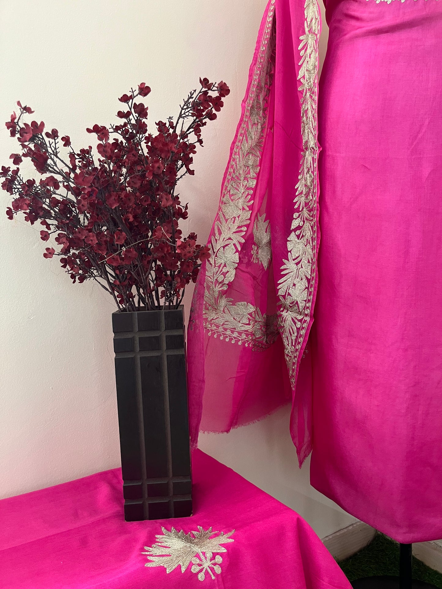 Sanam’ Fuchsia Pink Tilla Embroidered Suit material