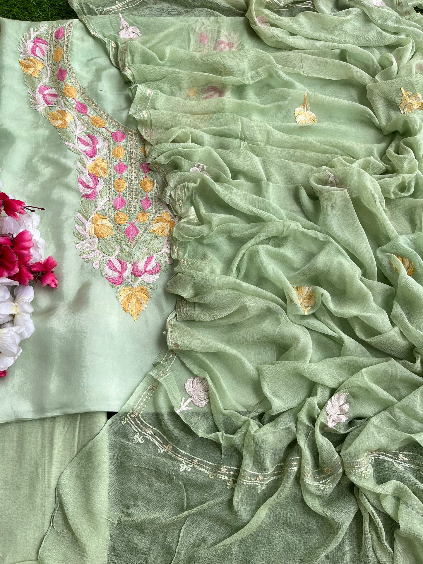 Green Opada Silk Kashmiri Suits