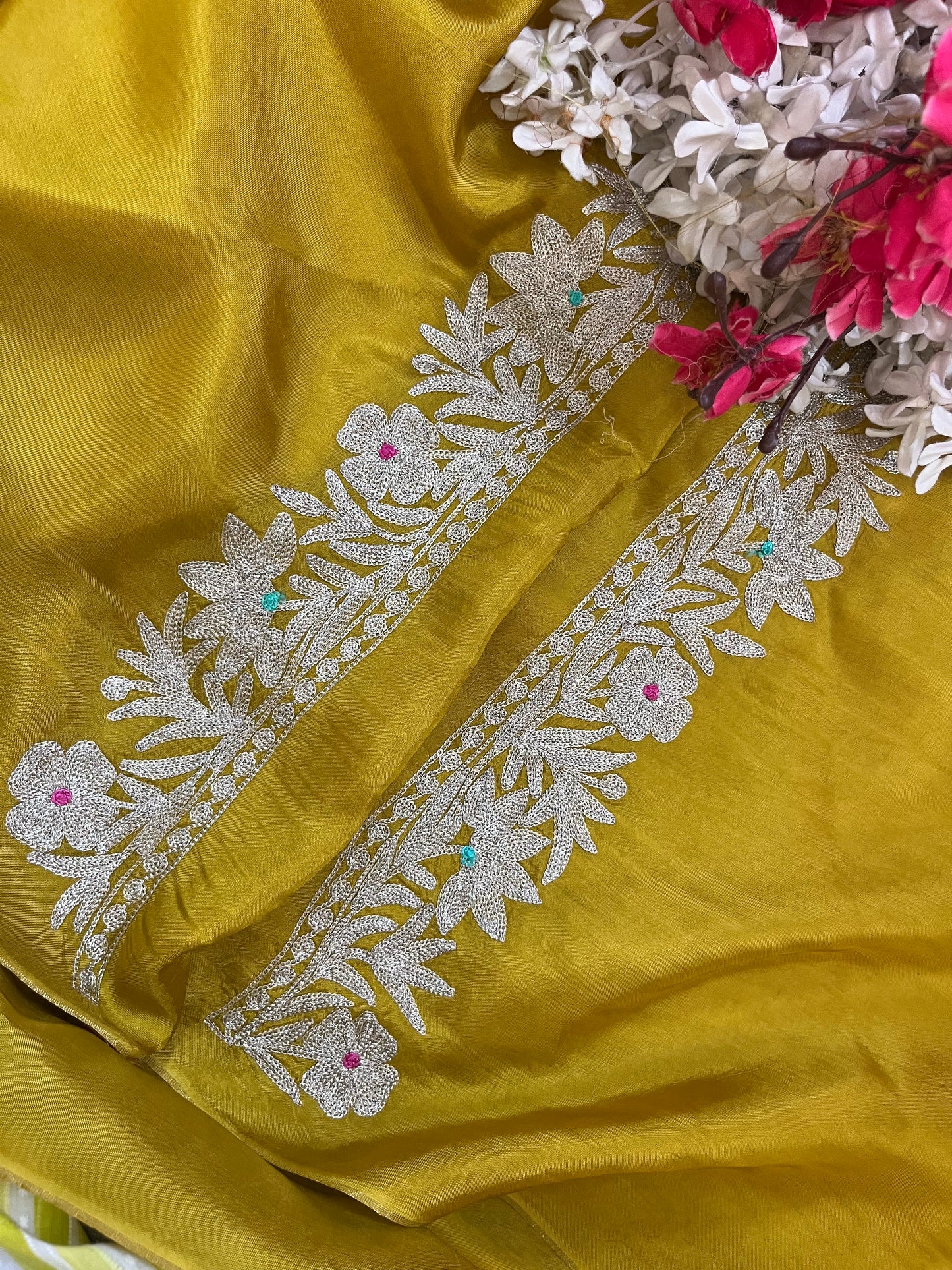 Golden Yellow Opada Silk Kashmiri Suits