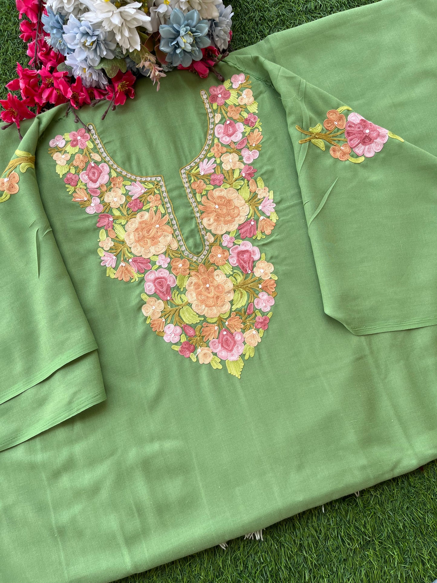 Pastel Green Aari Embroidered Cotton Suit Set
