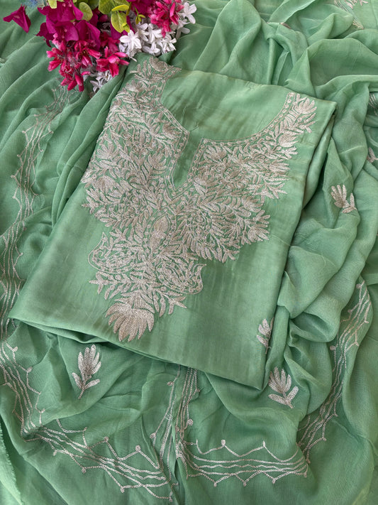 Pastel Green Silk Tilla Kashmiri Suit