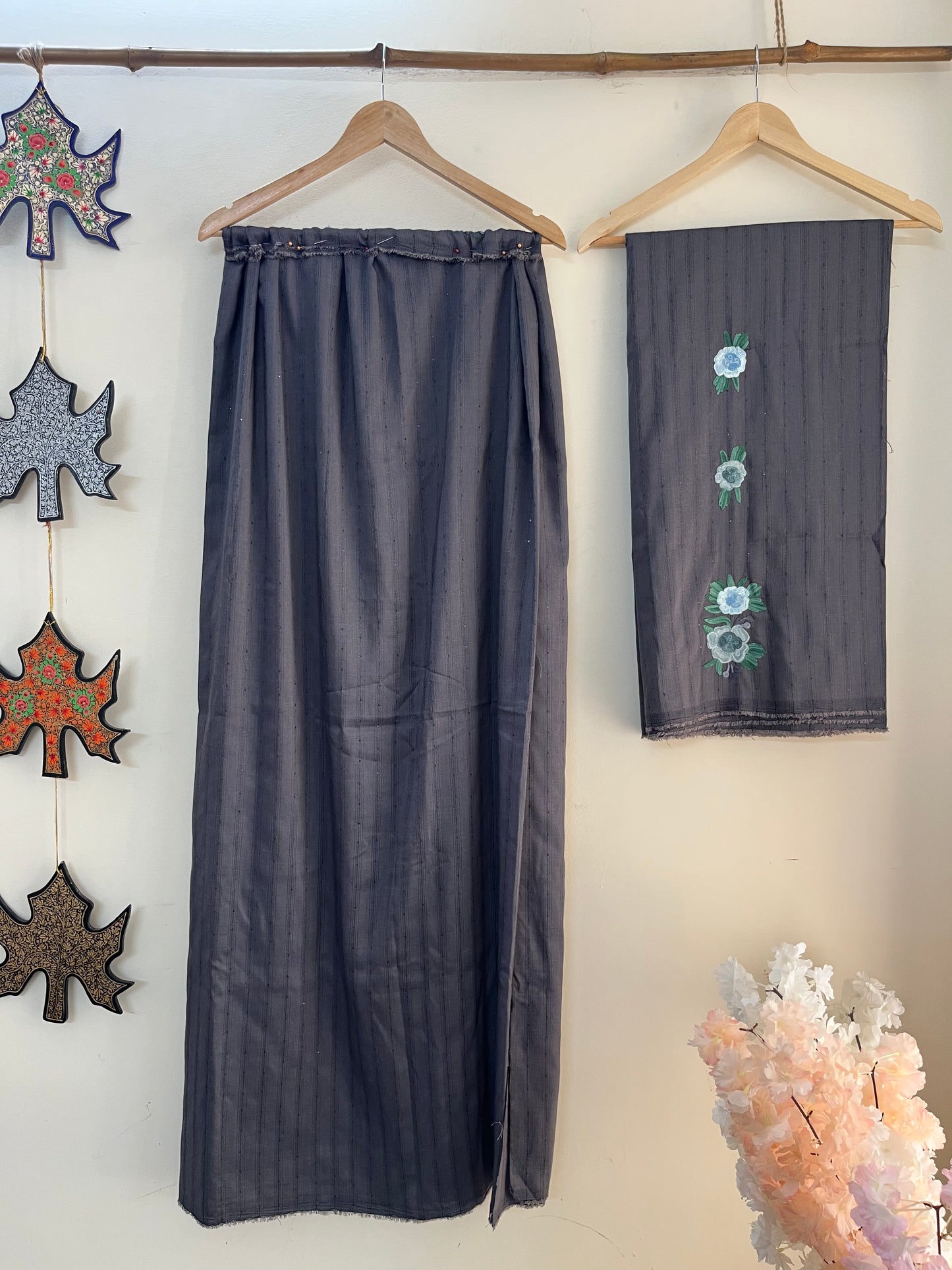 Deep Grey Muslin Cotton Striped Sequin Pattern Unstitched Co-ord Set