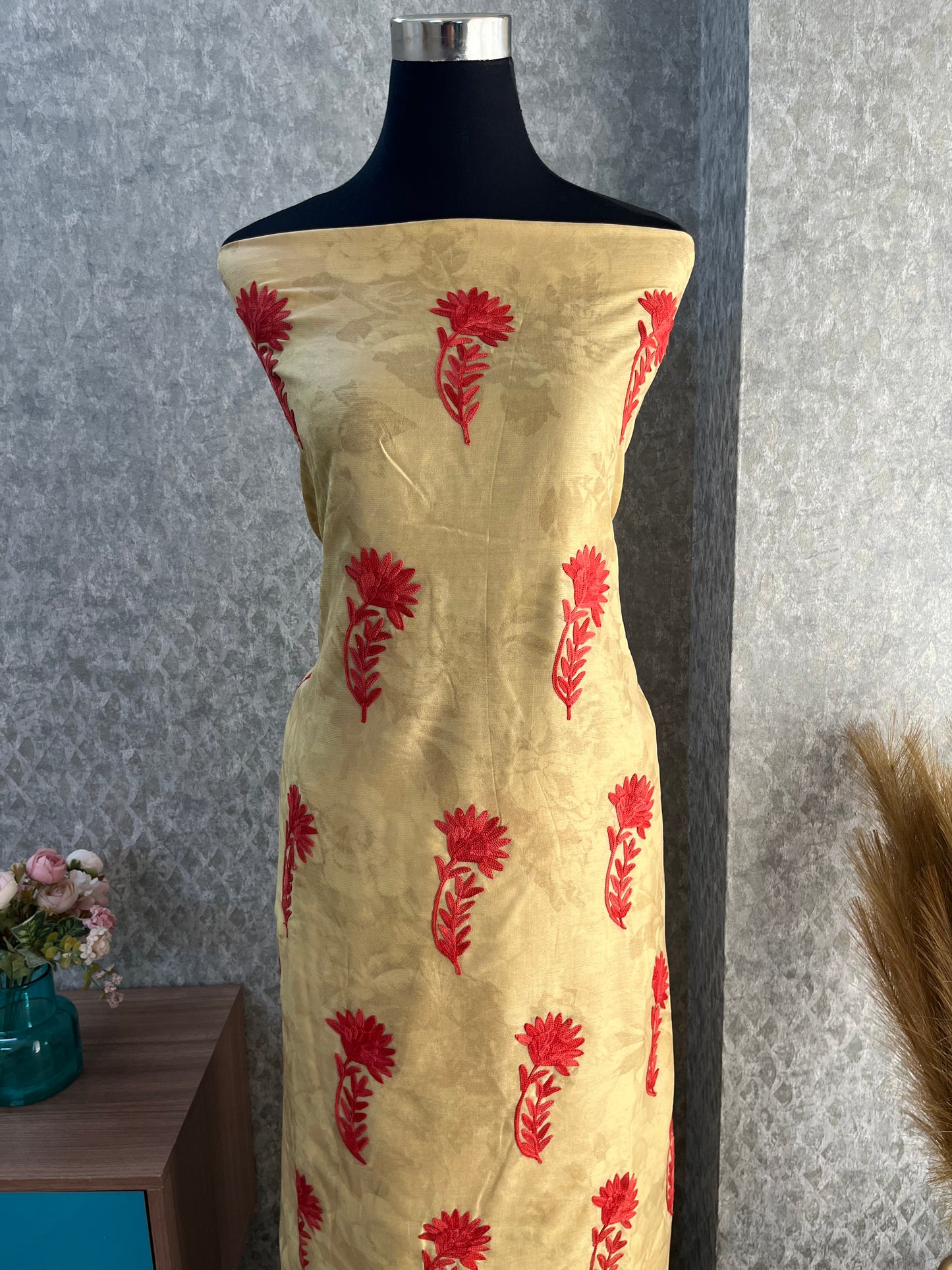 Mustard Gold Self Work Satin Cotton Unstitched Co-ord Set
