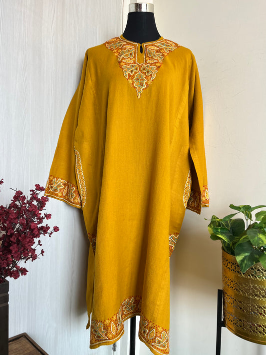 Yellow Aari and Sozni Hand Embroidered Pure Wool Pheran
