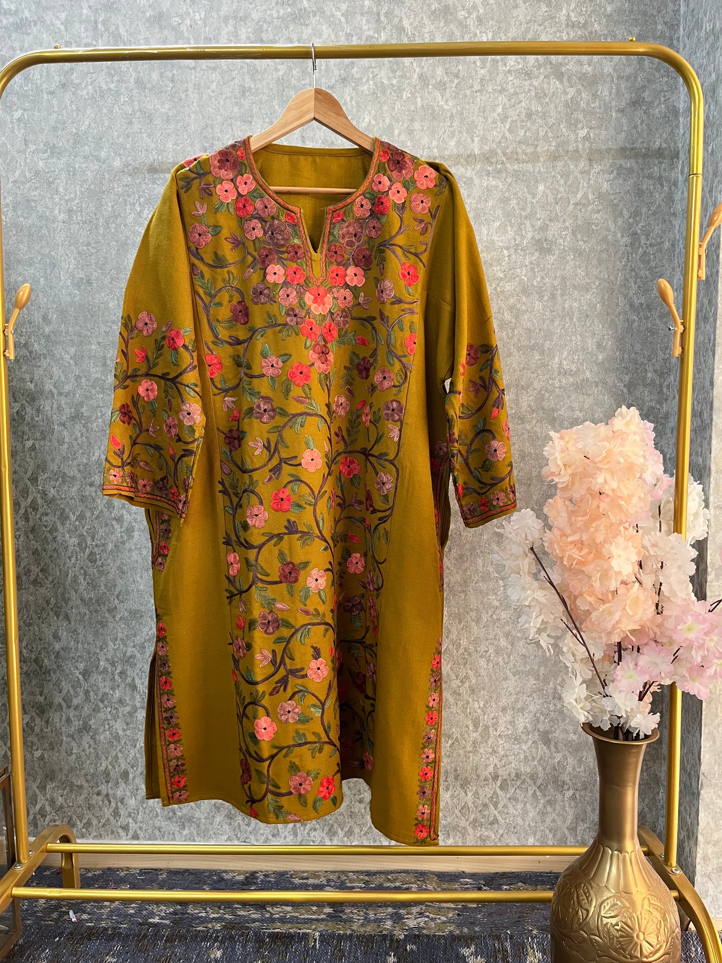 Mustard Gold Aari Embroidered Wool Pheran
