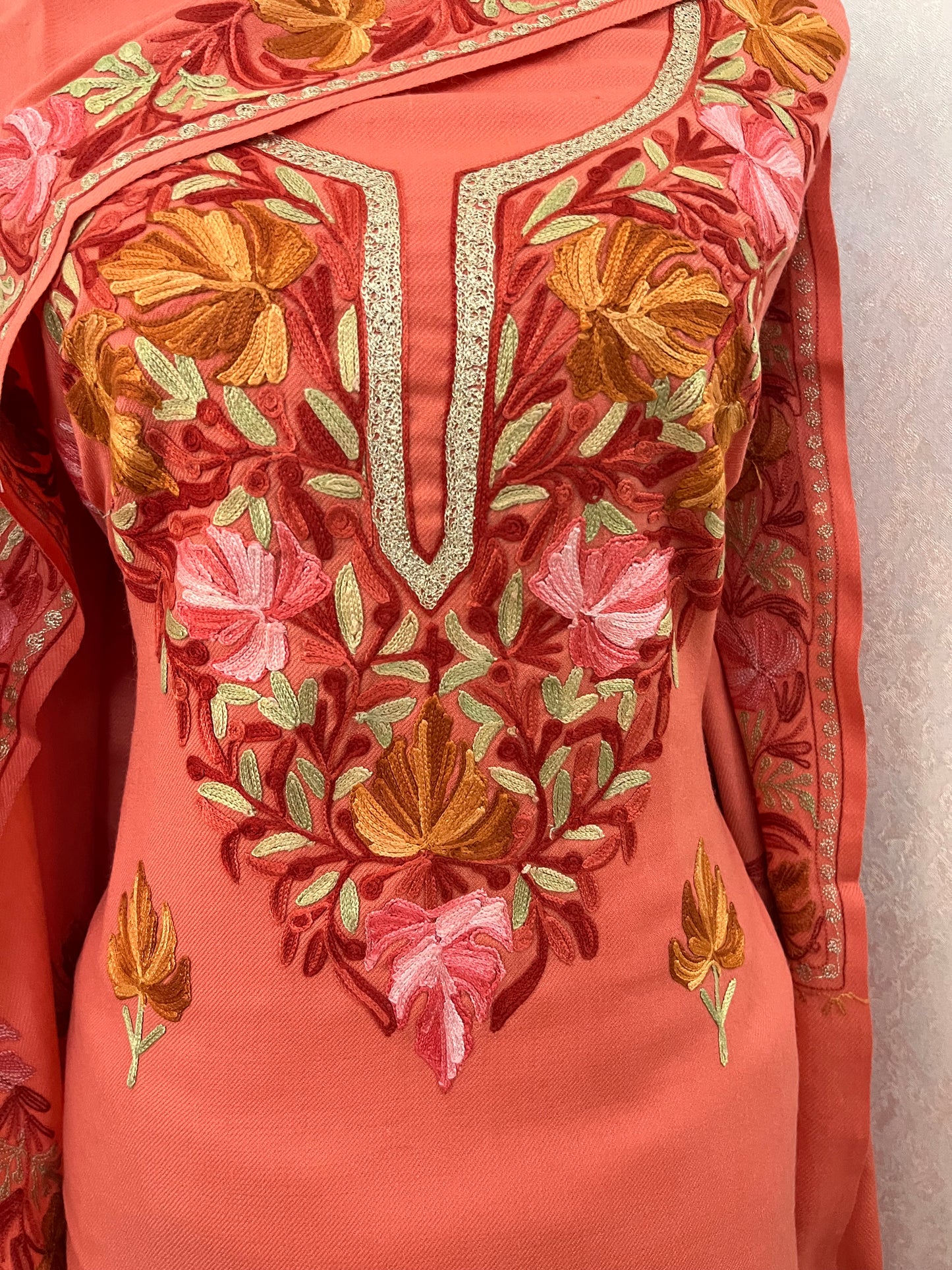 Carrot Pink Pure Wool Aari Embroidered 3pc Suit Stole
