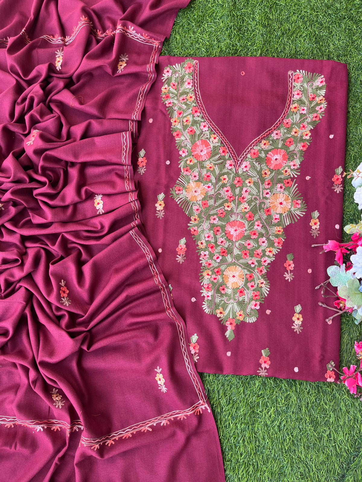 Maroon Woollen Aari Embroidered 3pc suit