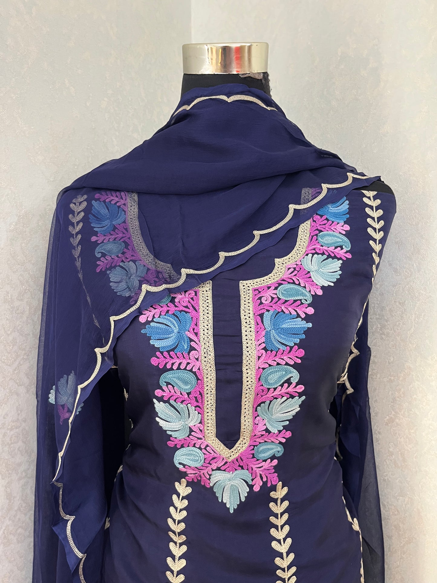 Sanam’ Navy Blue Silk Aari Embroidered Suit material