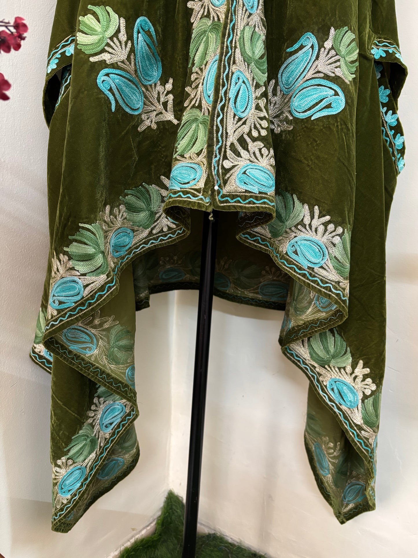 Henna Green Aari Embroidered Velvet Cape