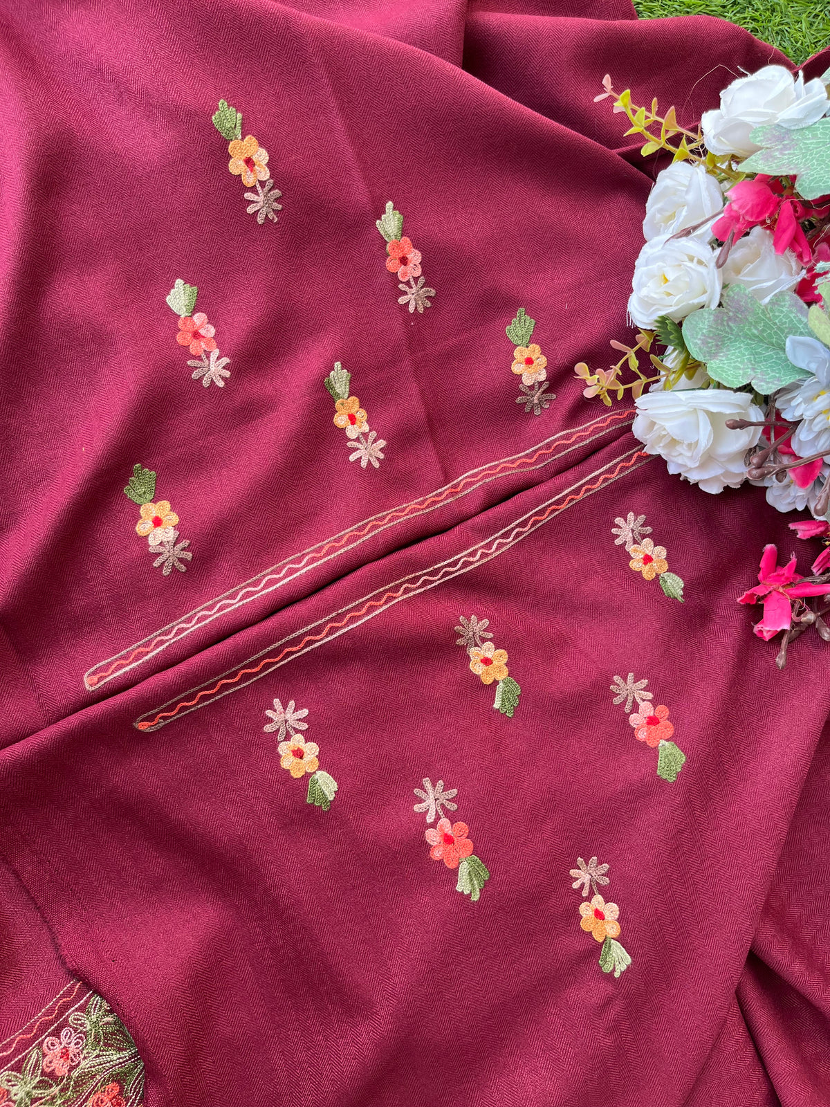 Maroon Woollen Aari Embroidered 3pc suit