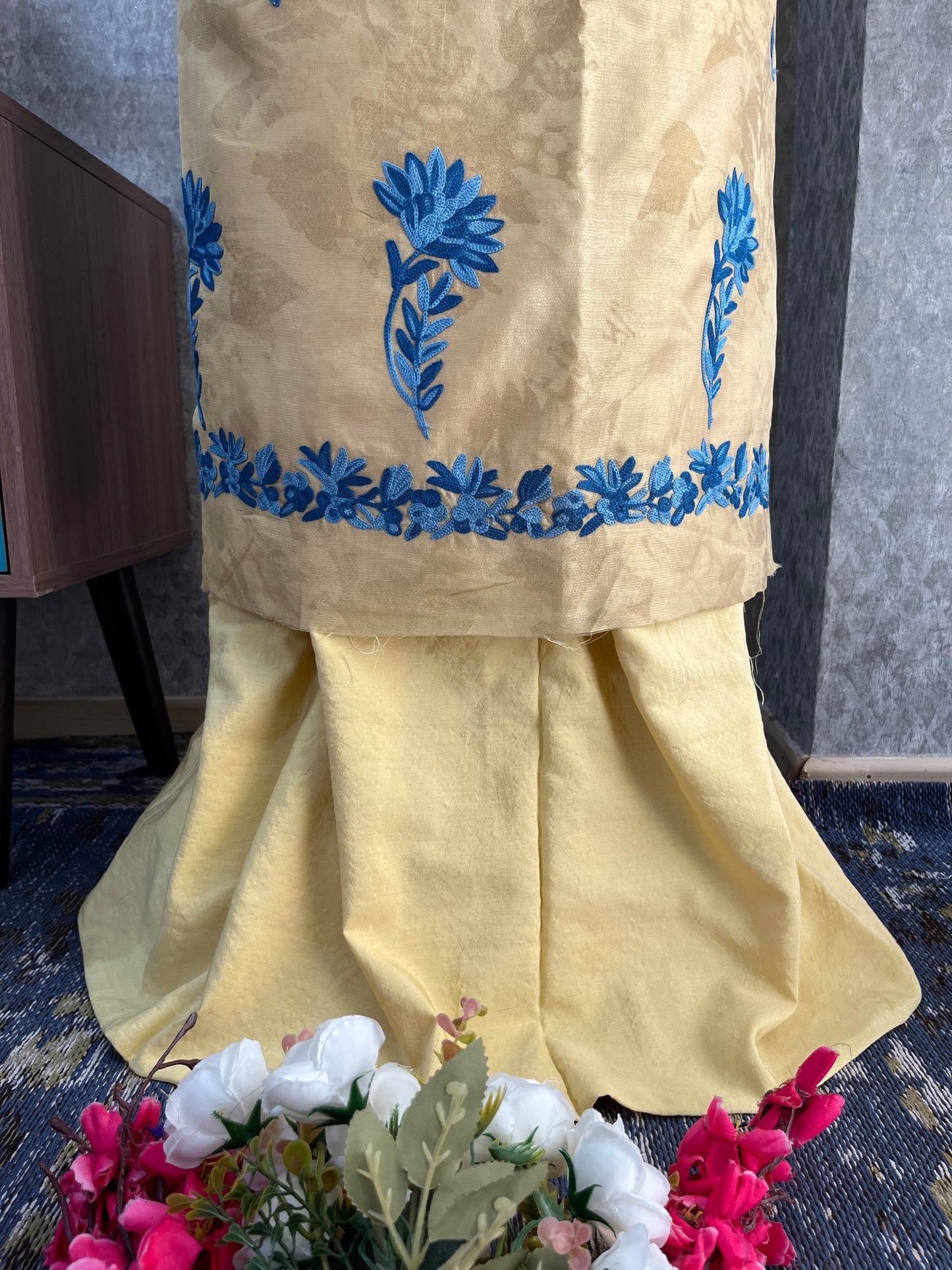 Mustard Gold Self Work Satin Cotton Unstitched Co-ord Set
