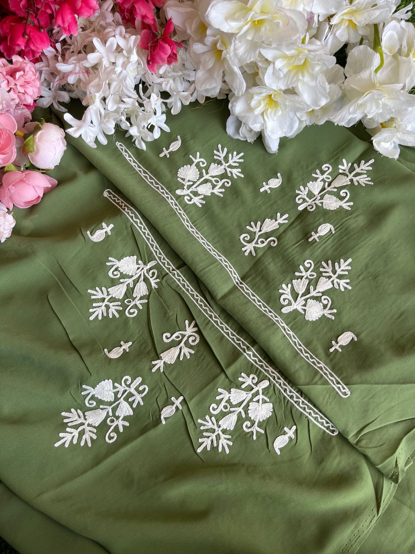 Georgette Pastel Green All over Work Aari Embroidered Unstitched Kurta Material