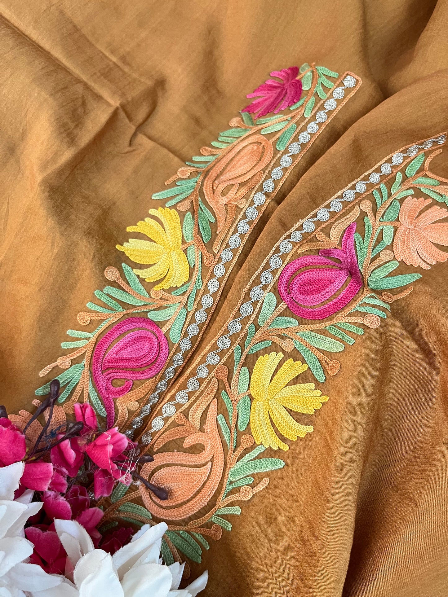Soft Brown Chanderi Silk Kashmiri Suit