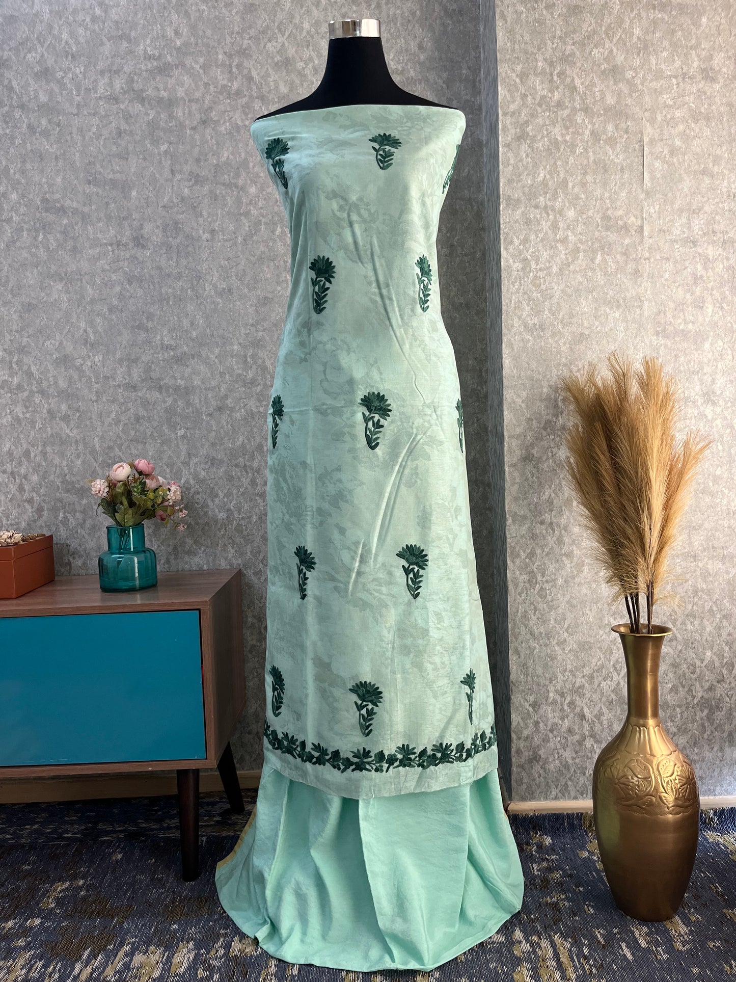 Mint Green Self Work Satin Cotton Unstitched Co-ord Set