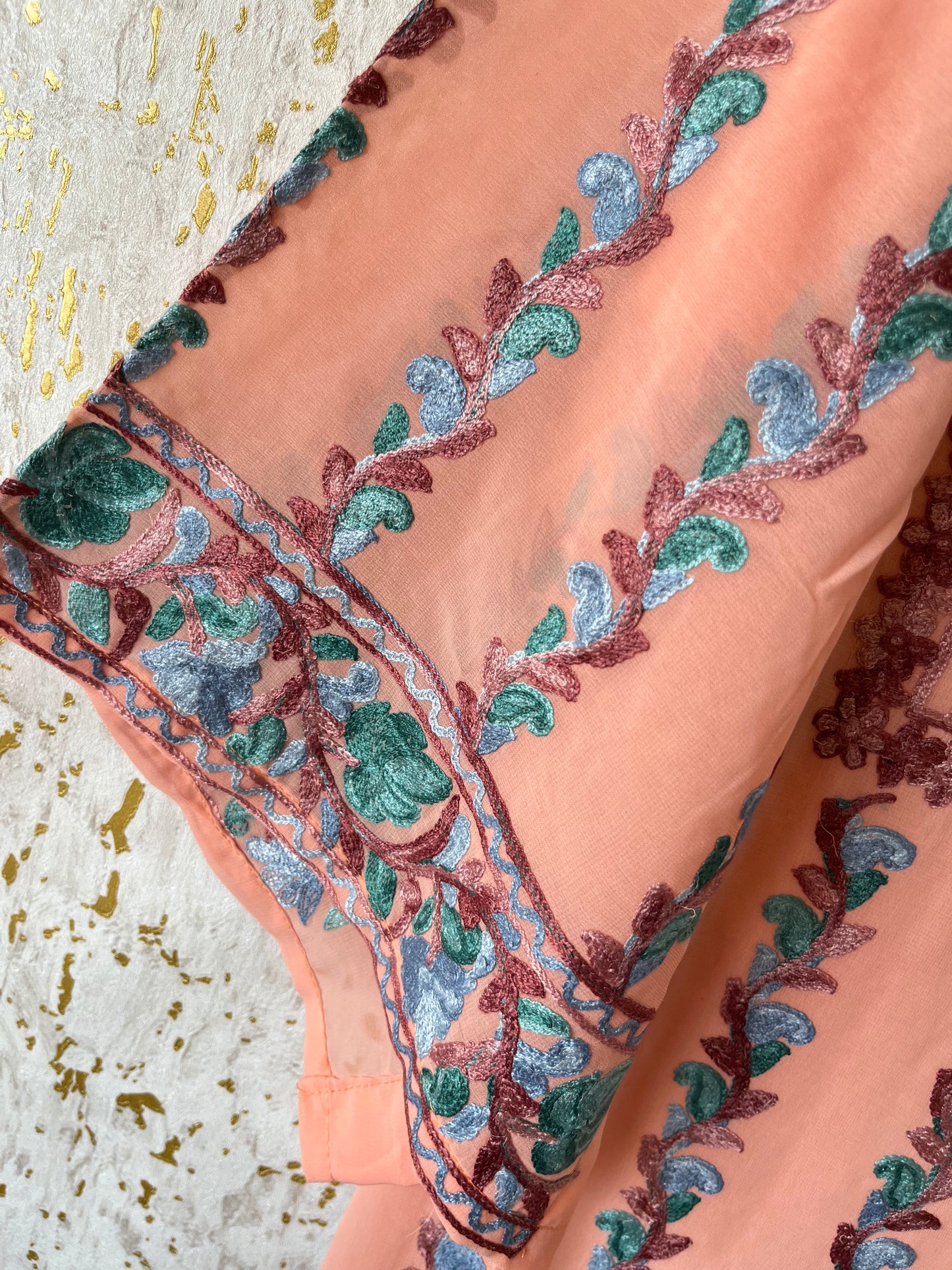 Peach Georgette All over Work Aari Embroidered Unstitched Kurta Material