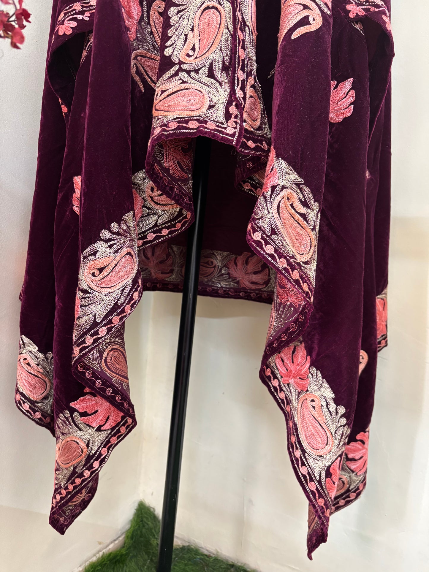 Wine Aari Embroidered Velvet Cape