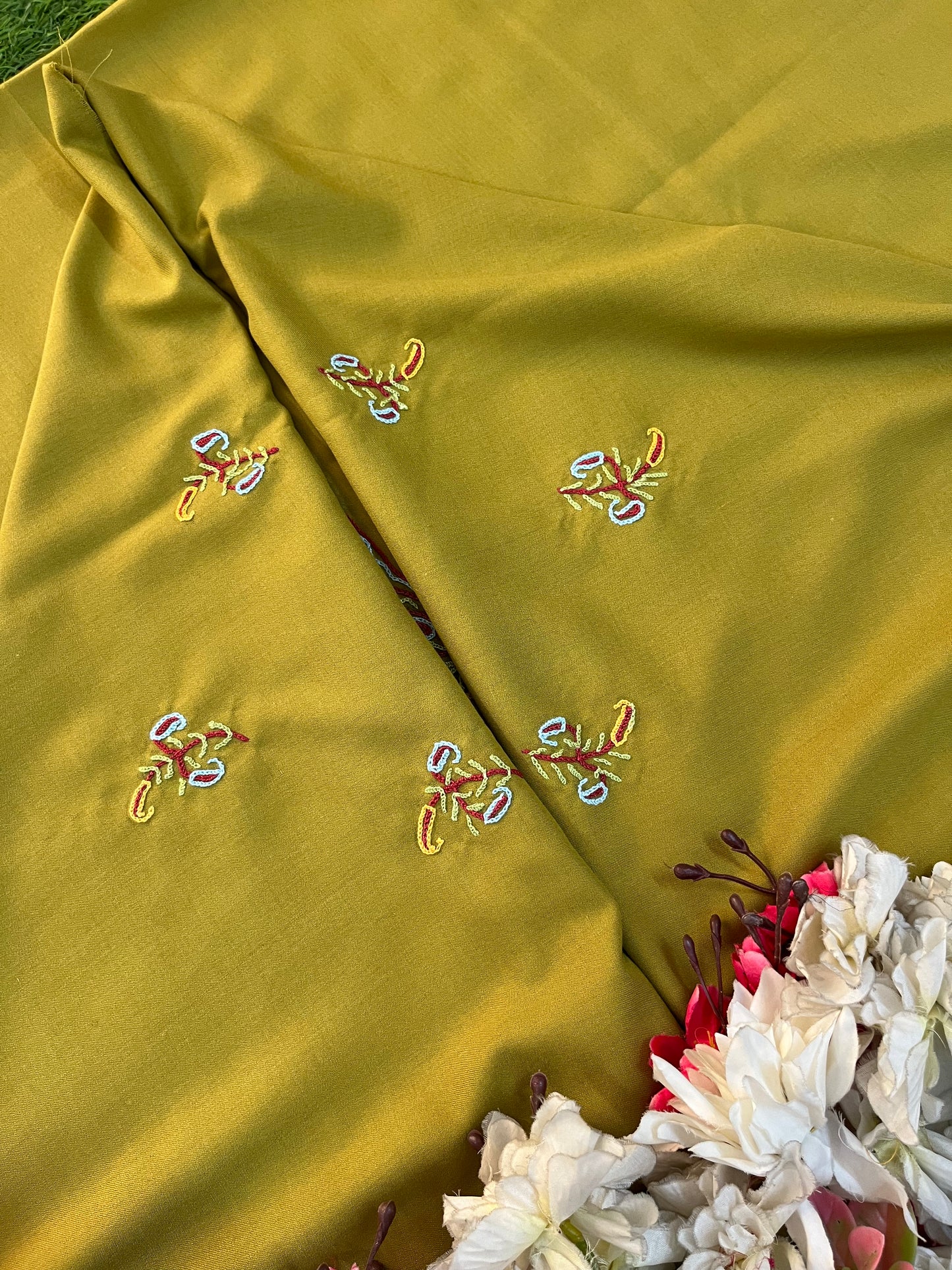 Lime Green Cotton Two Piece Suit (Hand Embroidered)