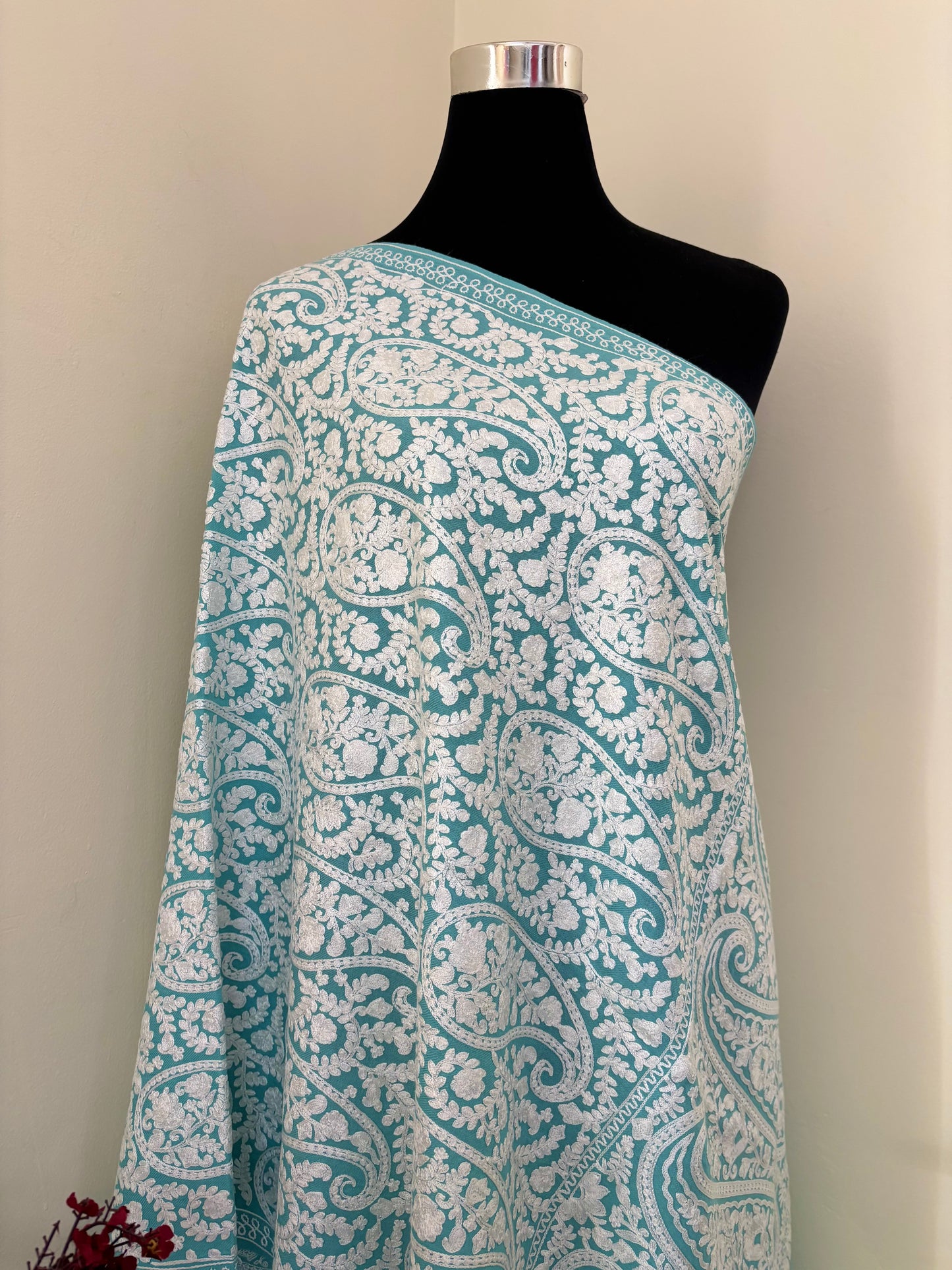 Aqua Blue Kashmiri Stole ( Semi Pashmina )