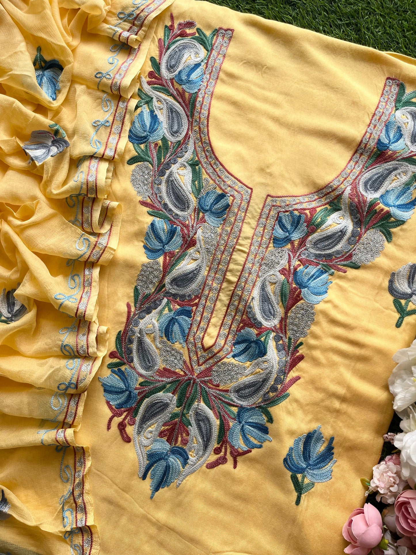 Golden Yellow Muslin Cotton Aari Embroidered 3pc set