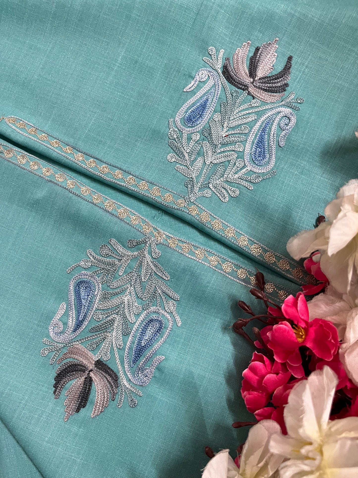 Sky Blue Cotton Unstitched Aari Work Kurti